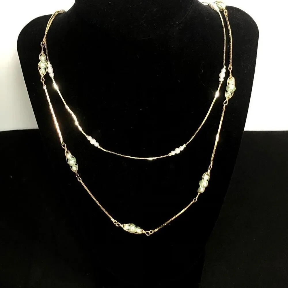 vintage korea gold tone caged pearls spaces snake chain long faux pearls elegant